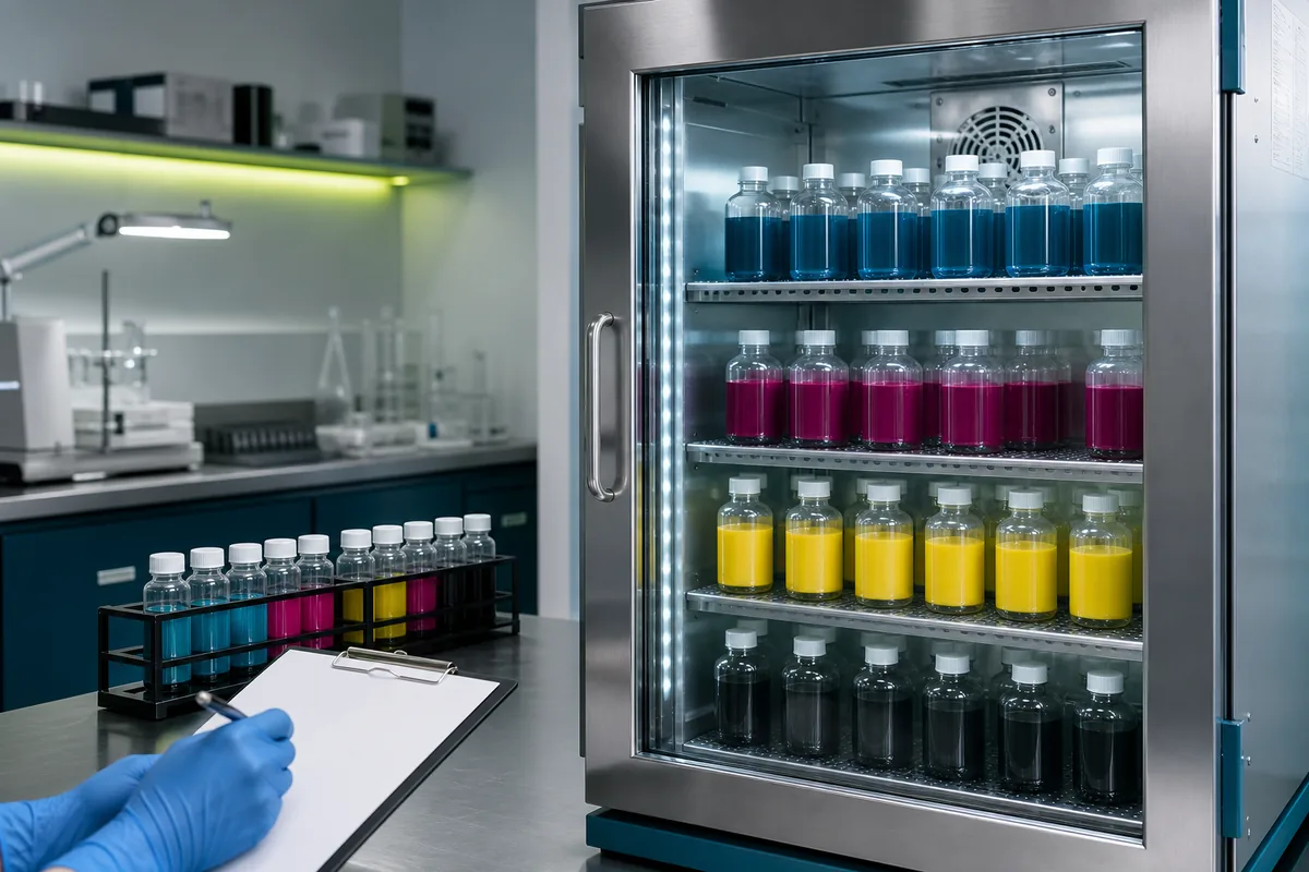 Illustrative temperature-controlled cabinet with aqueous pigment-dispersion stability samples