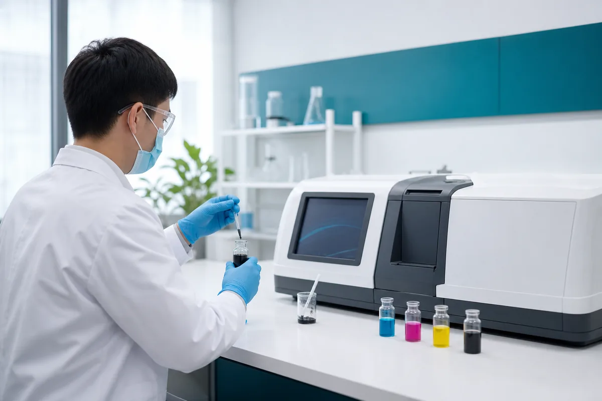 Illustrative masked technician preparing an aqueous pigment sample beside a particle-analysis instrument